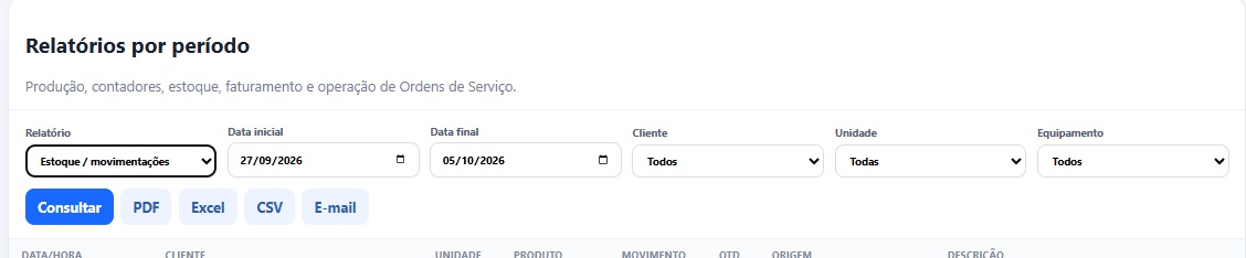 Tela real de relatórios de estoque